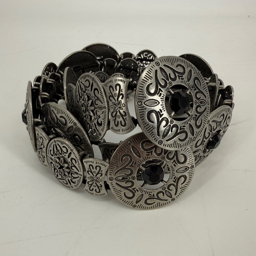 Vintage Y2K Silver Tone Concho Belt Black Rhinestone Boho Western Festival 37" - Picture 2 of 9